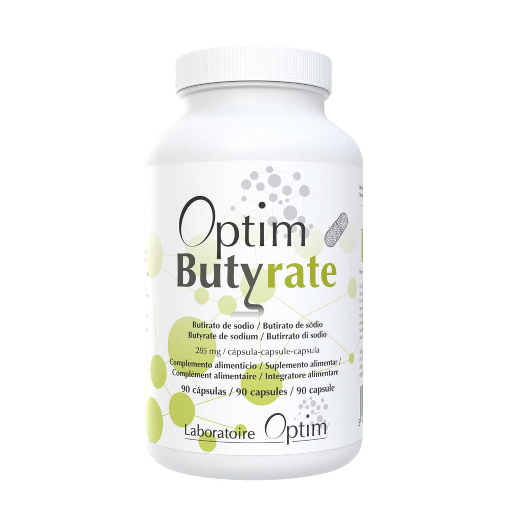Optim Butyrate bottle view, convenient daily capsules for gut support.