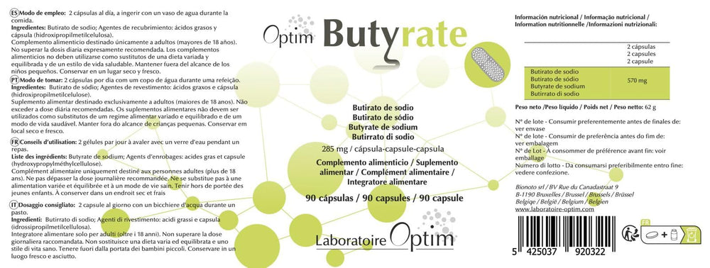 Optim Butyrate capsules close-up showing coated, gradual release.