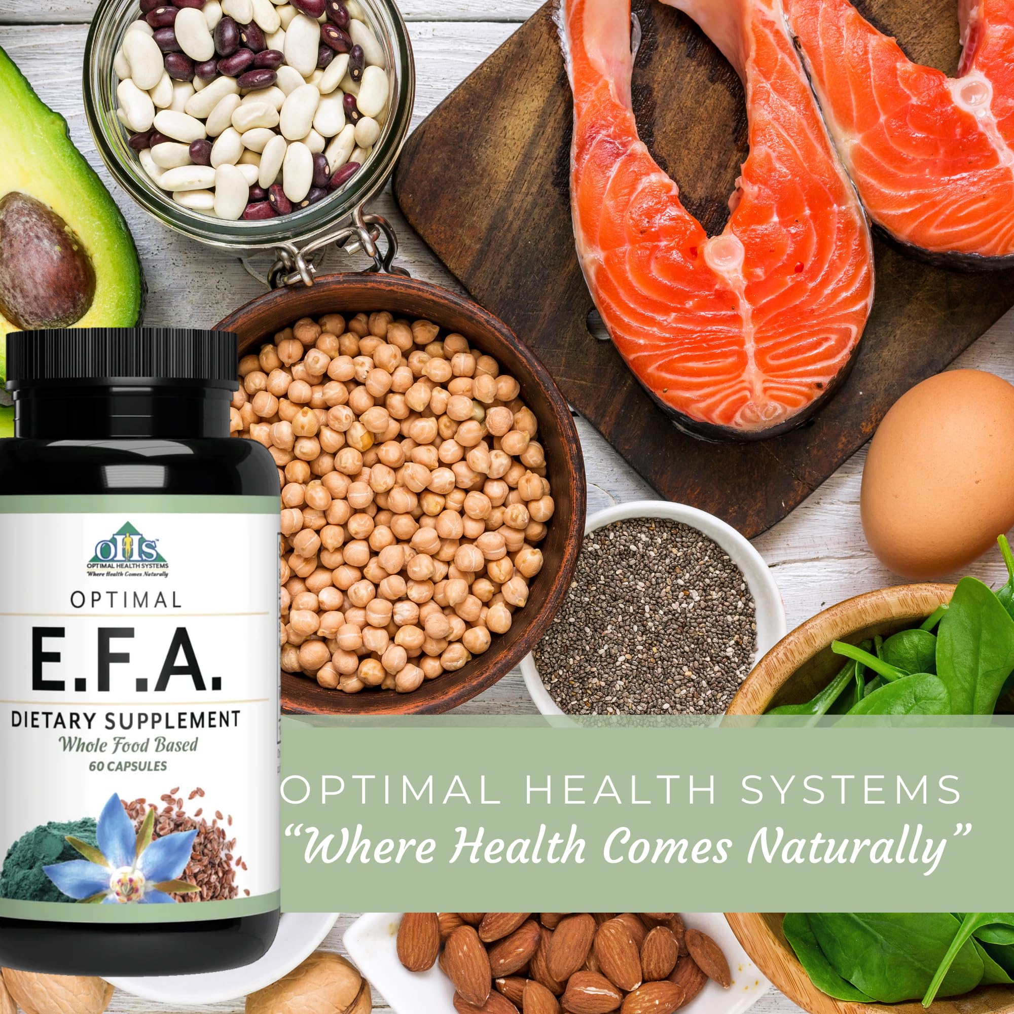 Optimal Health Systems EFA package shows 60 capsules for 30 servings