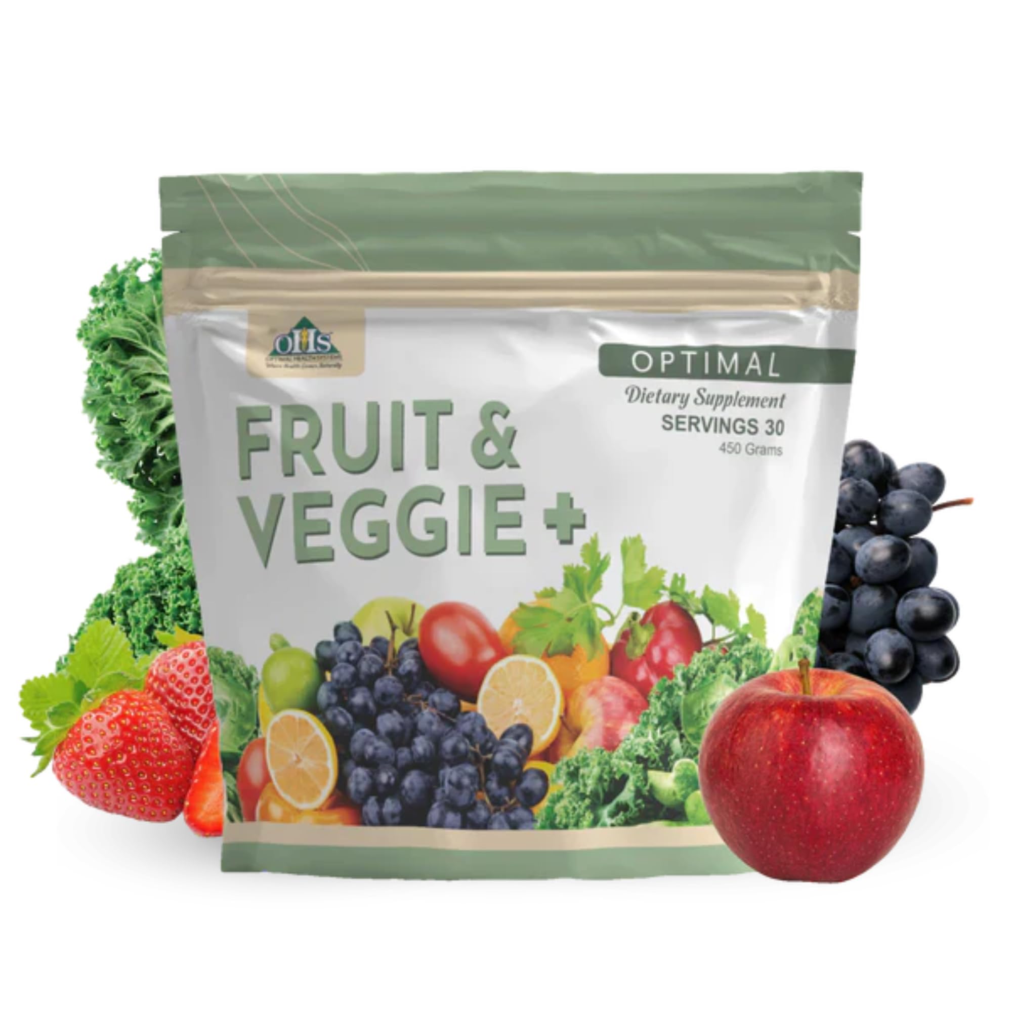 Optimal Health Systems Fruit And Veggie Plus bottle pouring supports daily vitality with plant nutrients.