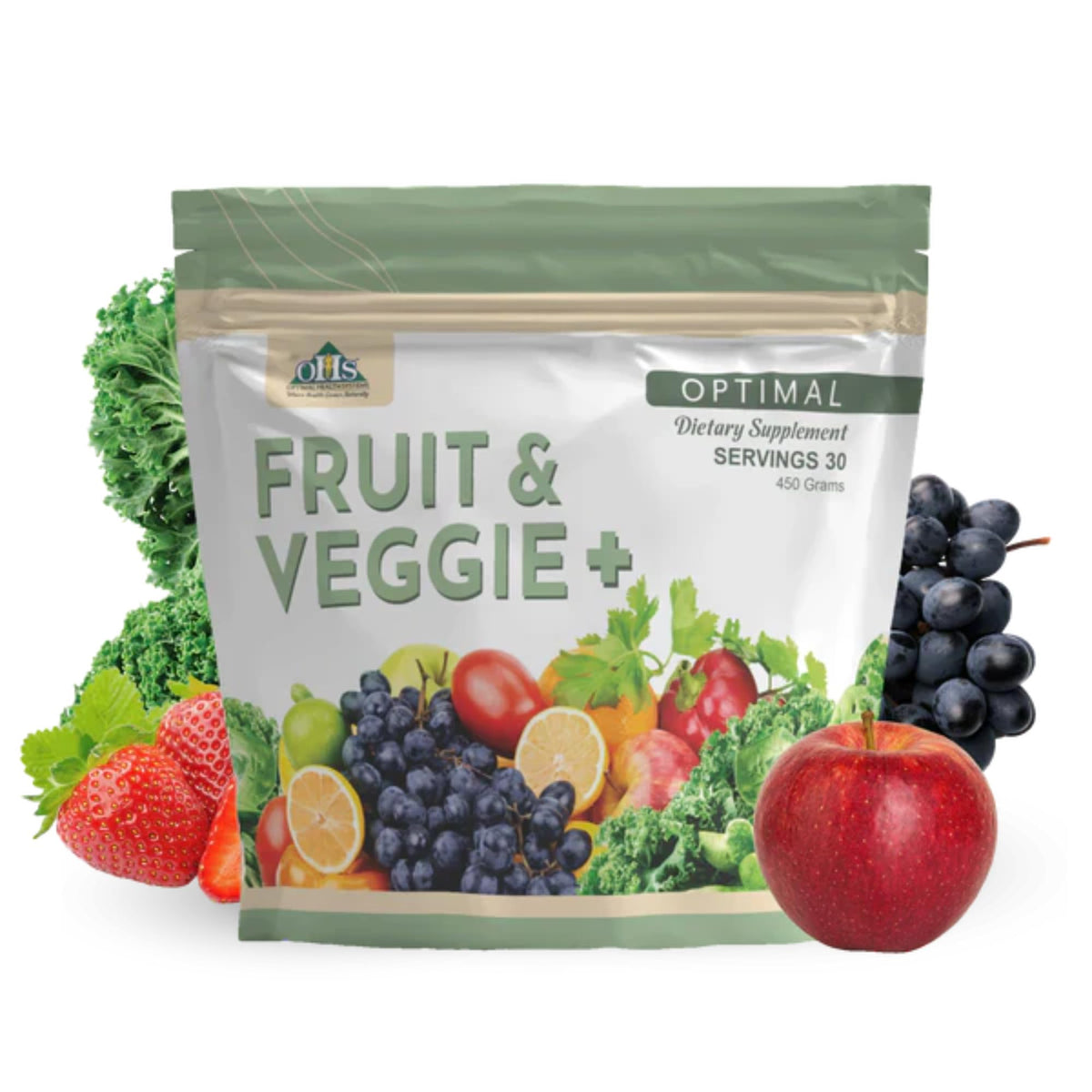 Optimal Health Systems Fruit And Veggie Plus bottle pouring supports daily vitality with plant nutrients.
