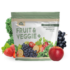 Optimal Health Systems Fruit And Veggie Plus bottle pouring supports daily vitality with plant nutrients.