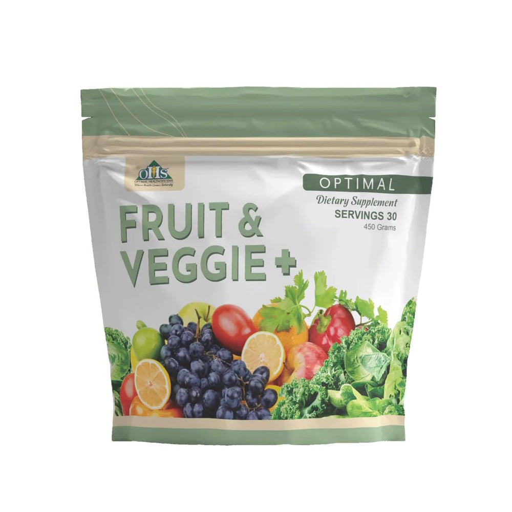 Optimal Health Systems Fruit And Veggie Plus scoop shown for easy daily nutrition.