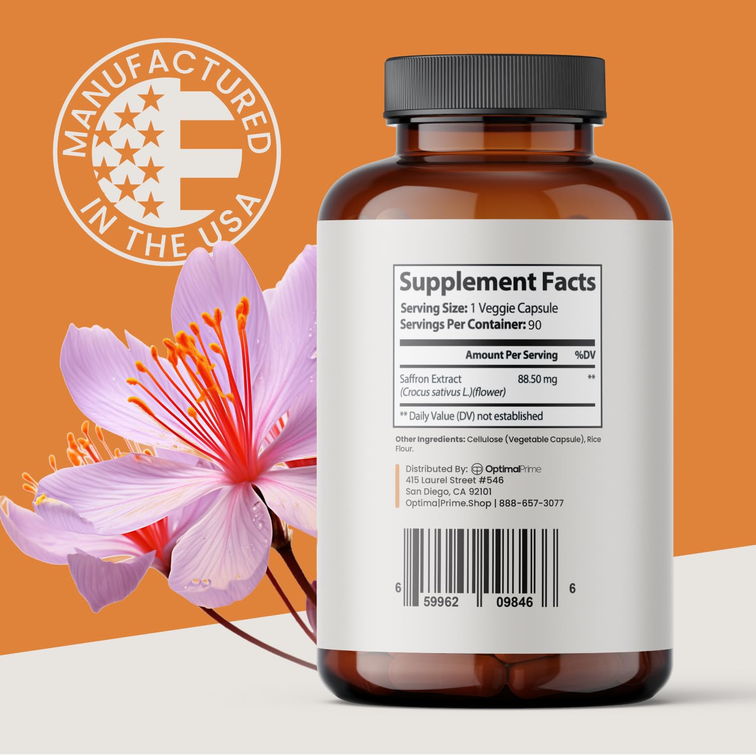 Close-up of Optimal Prime saffron capsules highlighting easy daily intake.