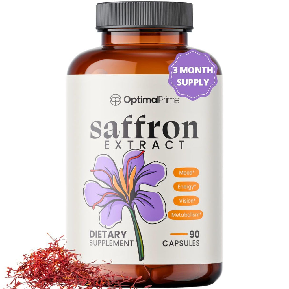 Optimal Prime saffron supplement bottle with 90 capsules for daily support.