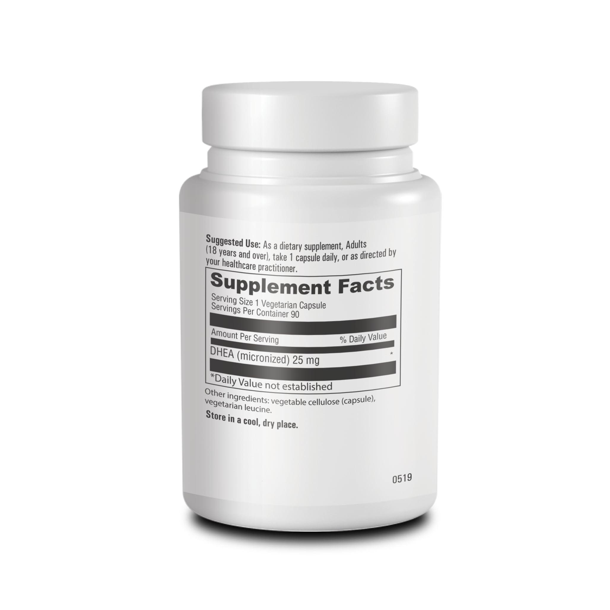 OPTIMALHEALTH DHEA 25mg label detail showing non-GMO vegetarian gluten-free formula.