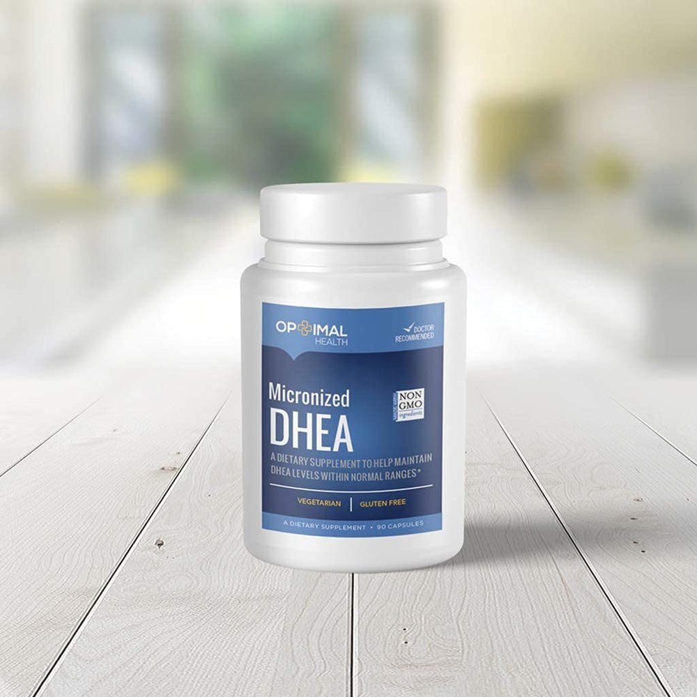 OPTIMALHEALTH DHEA 25mg micronized capsules texture indicating improved absorption potential.