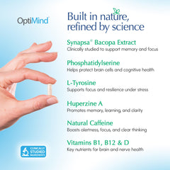Optimind capsules 32-count on a white surface imply daily cognitive support.