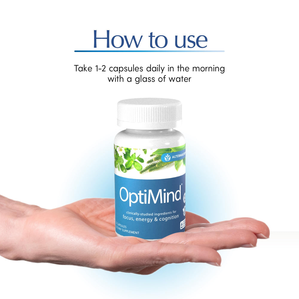 Optimind capsules side view illustrates portable daily dosage for focus.