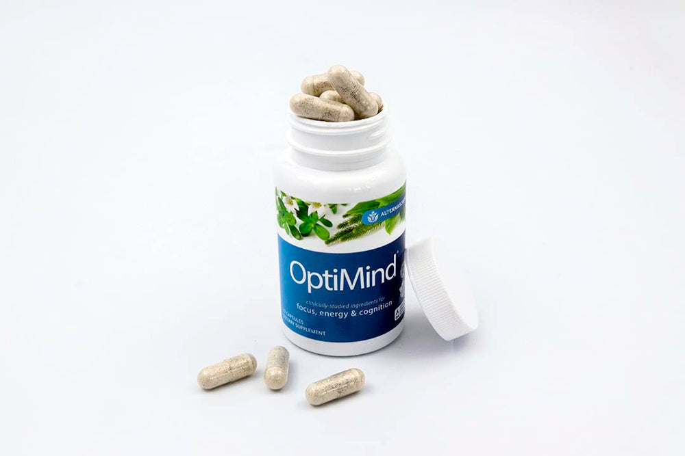Optimind morning routine scene with capsules ready for study.