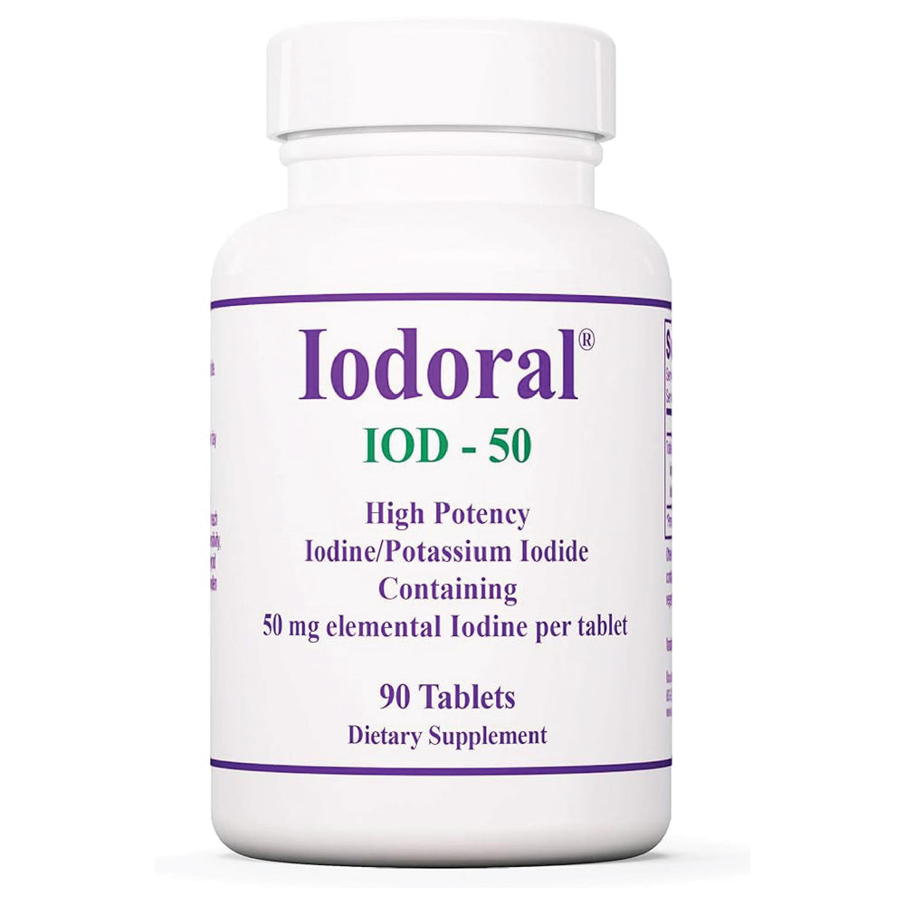 Optimox Iodoral 50 mg bottle with non-GMO and gluten-free formulation highlighting thyroid support potential