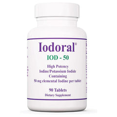Optimox Iodoral 50 mg bottle with non-GMO and gluten-free formulation highlighting thyroid support potential