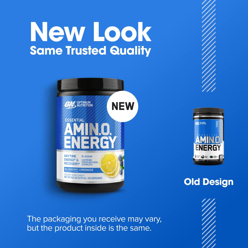 Optimum Nutrition Amino Energy bottle close-up highlighting amino acids and caffeine blend