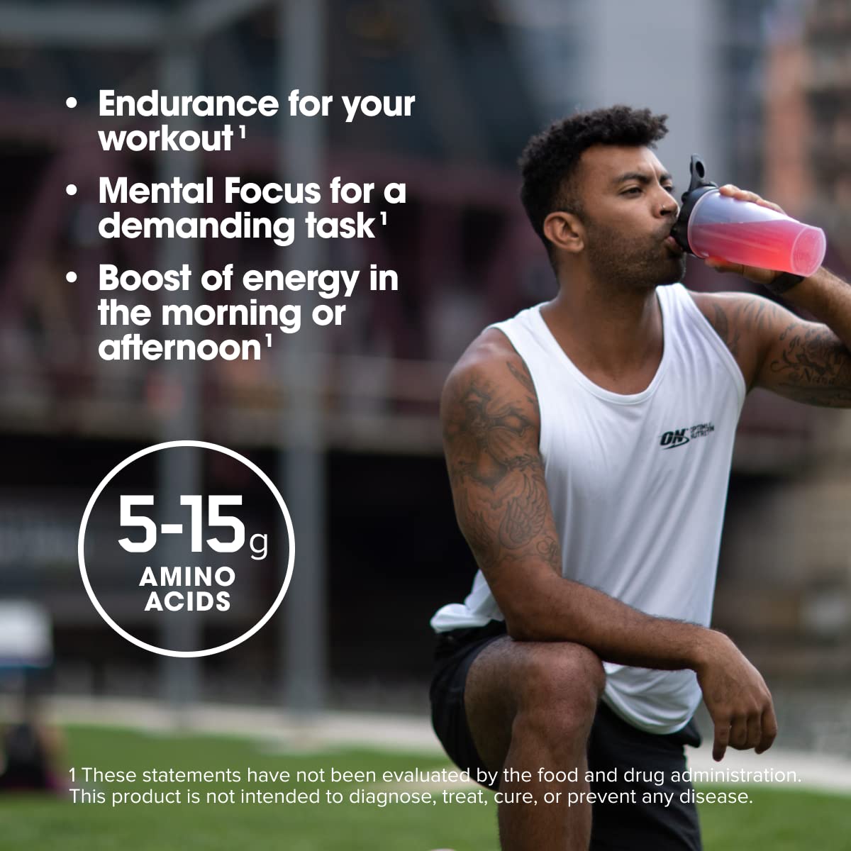 Optimum Nutrition Amino Energy ingredients visual illustrating essential amino acids and energy matrix