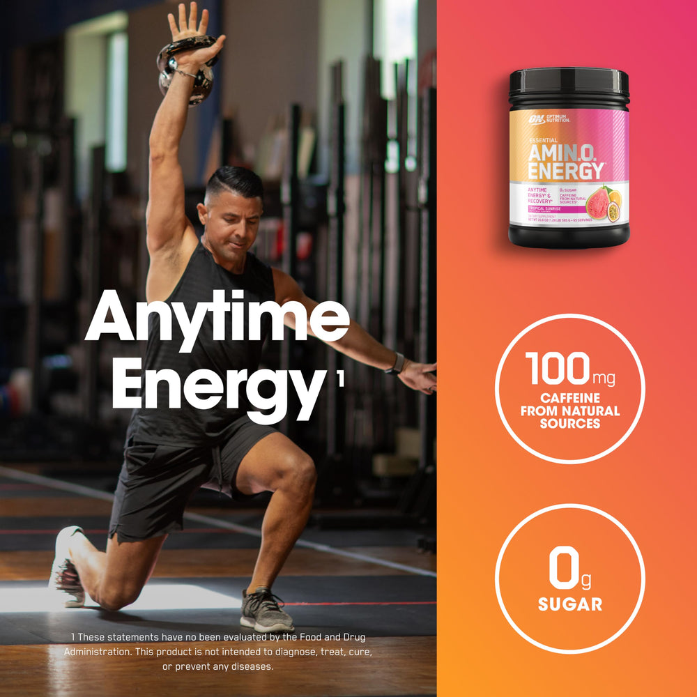 Amino Energy Tropical Sunrise label highlights green tea and caffeine for focus