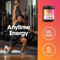 Amino Energy Tropical Sunrise label highlights green tea and caffeine for focus