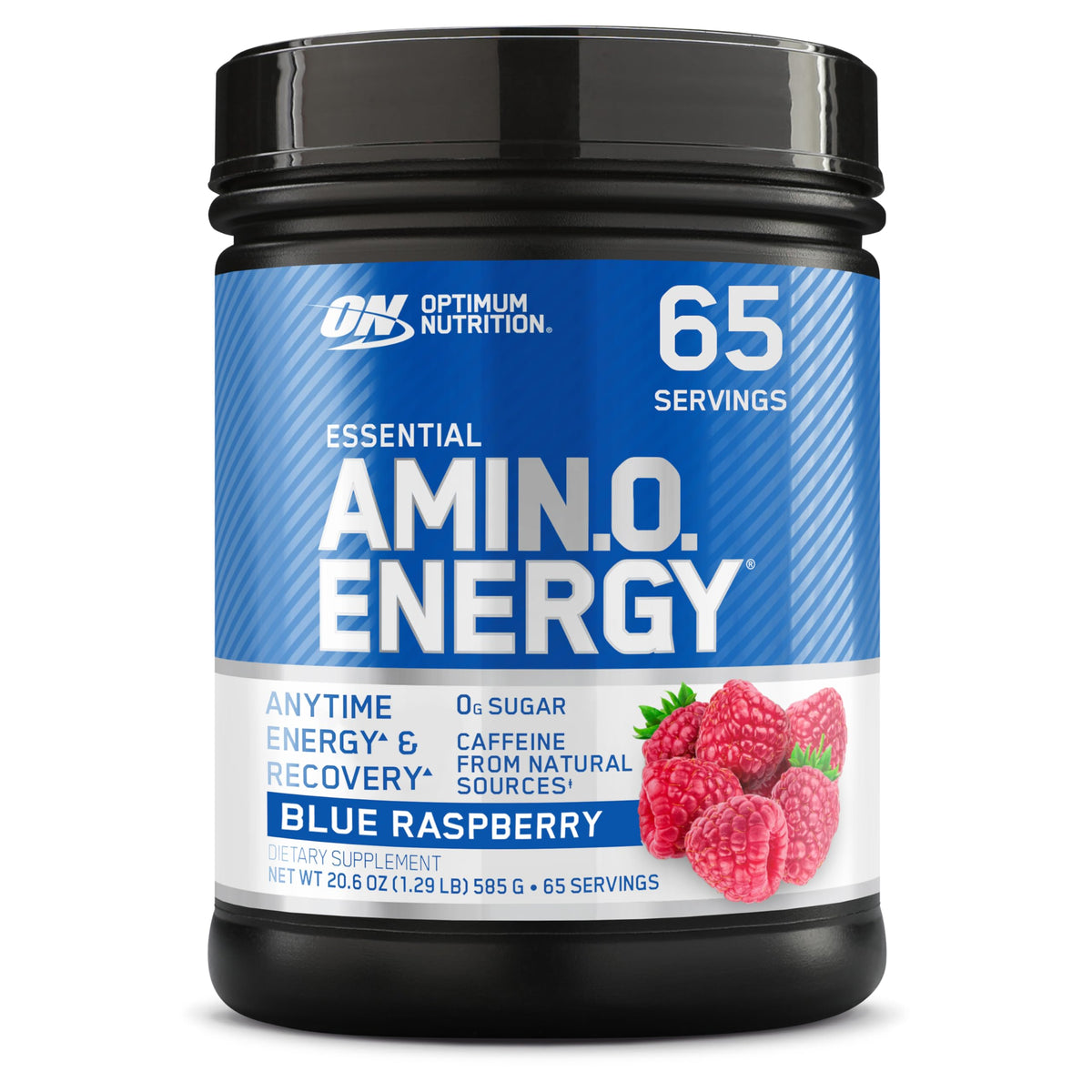 Optimum Nutrition Amino Energy blue raspberry powder ready to mix for a clean energy boost.