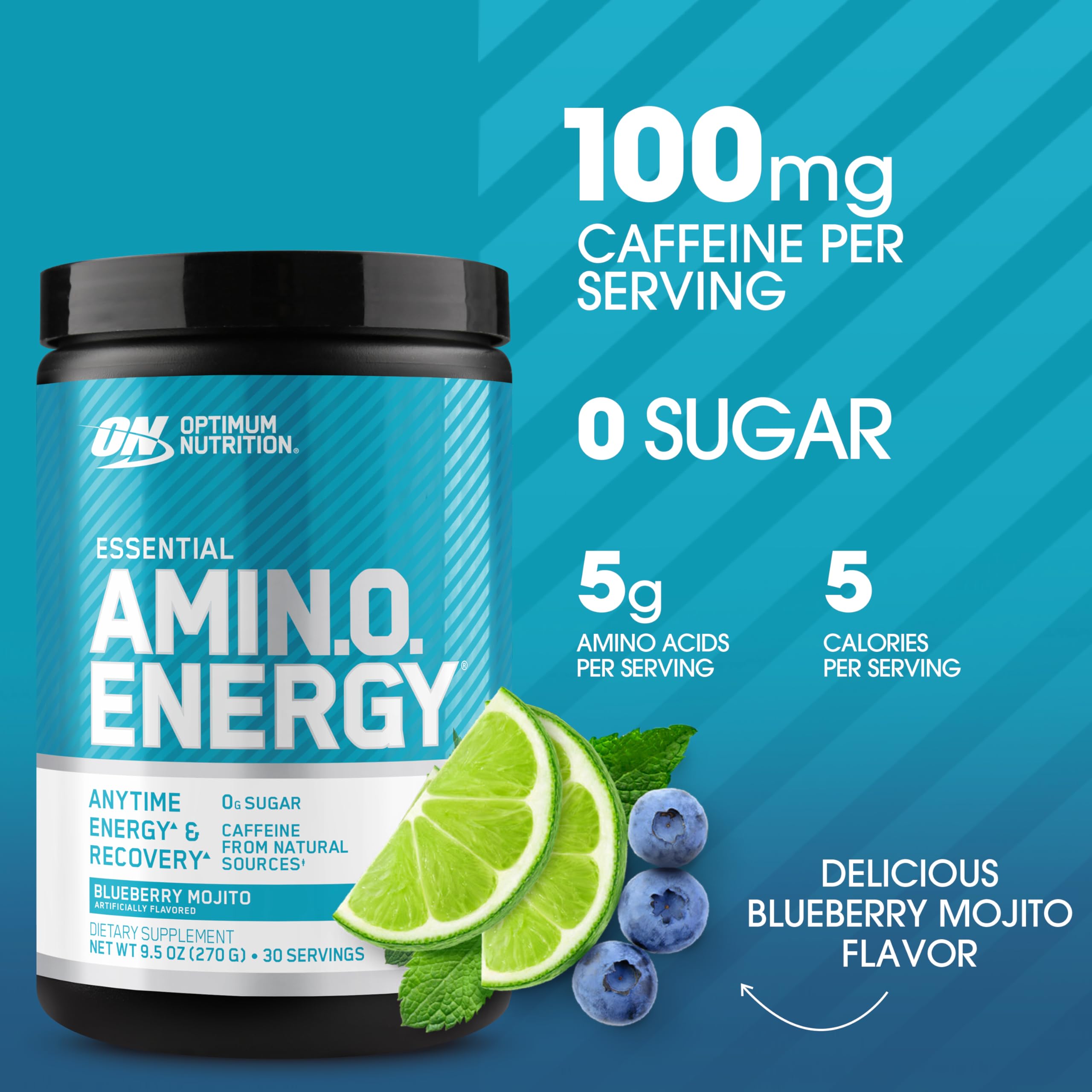 Amino Energy scoop next to the Blueberry Mojito tub for quick energy support