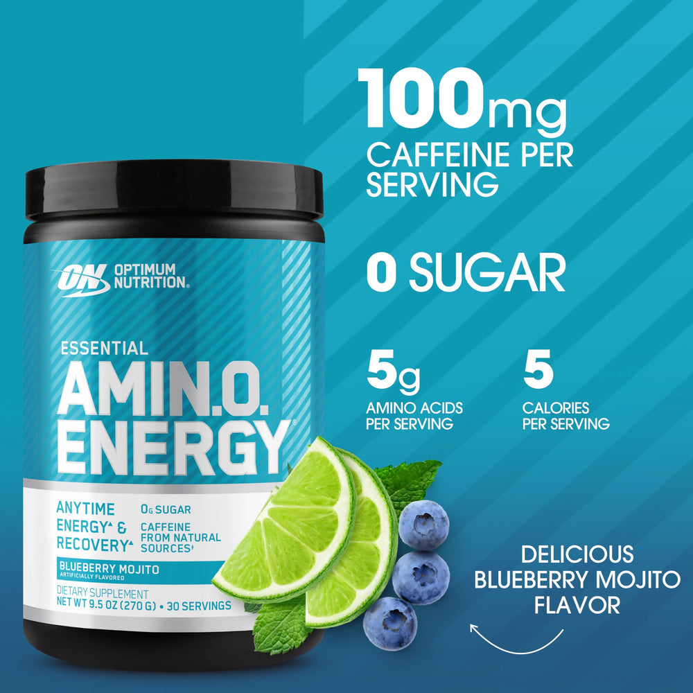 Amino Energy scoop next to the Blueberry Mojito tub for quick energy support