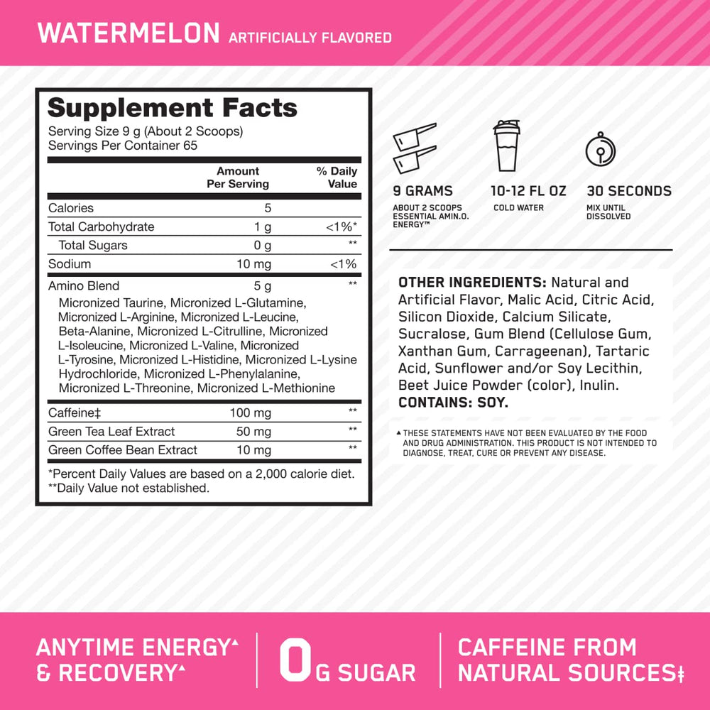 Optimum Nutrition Amino Energy bottle front view highlights caffeinated boost for daily focus.