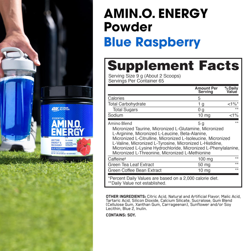 Optimum Nutrition Amino Energy bottle with label energizing a daily routine.