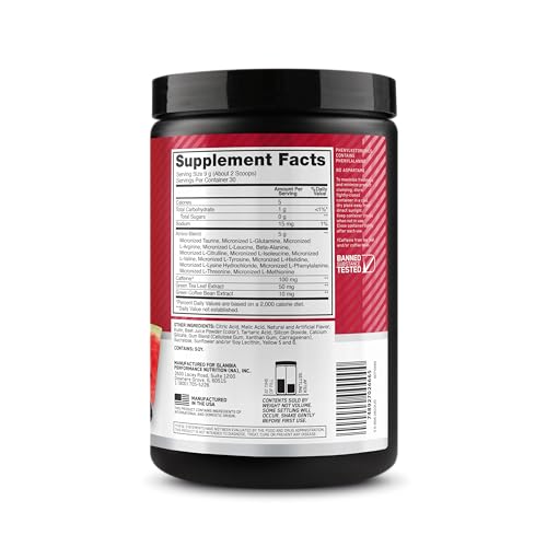Close-up of Amino Energy Fruit Fusion label highlighting ingredients
