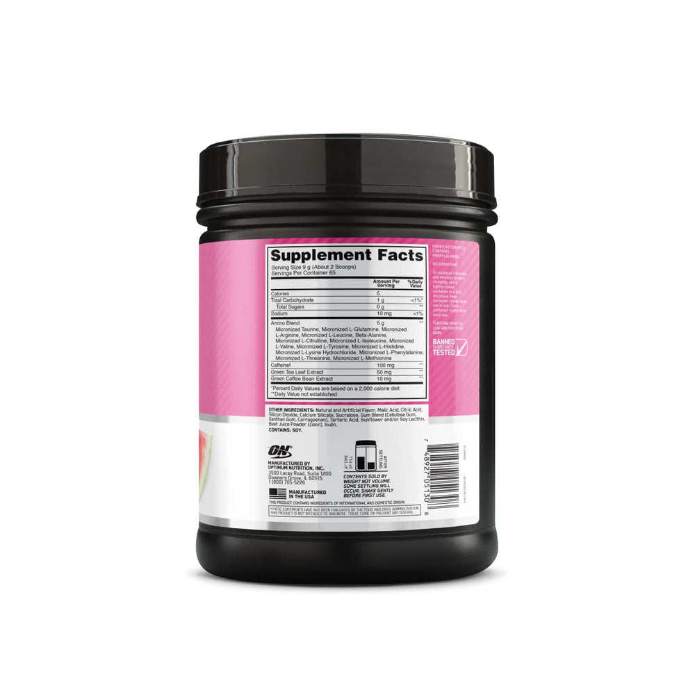 Optimum Nutrition Amino Energy green tea extract label signals natural focus aid.