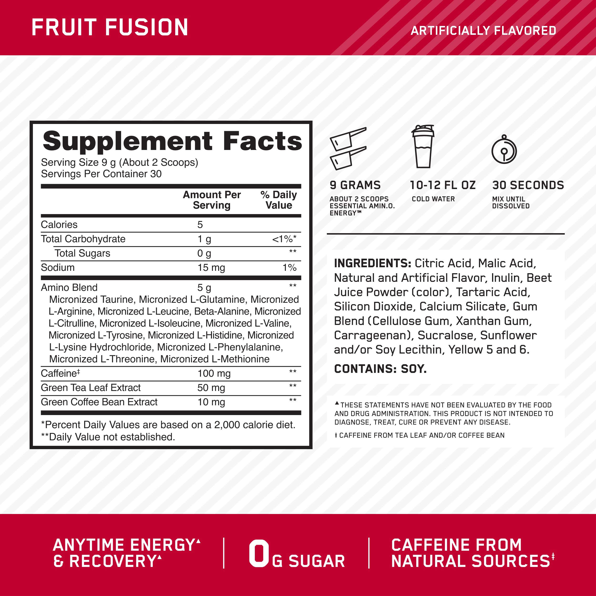 Amino Energy ingredient panel showing amino blend and caffeine sources