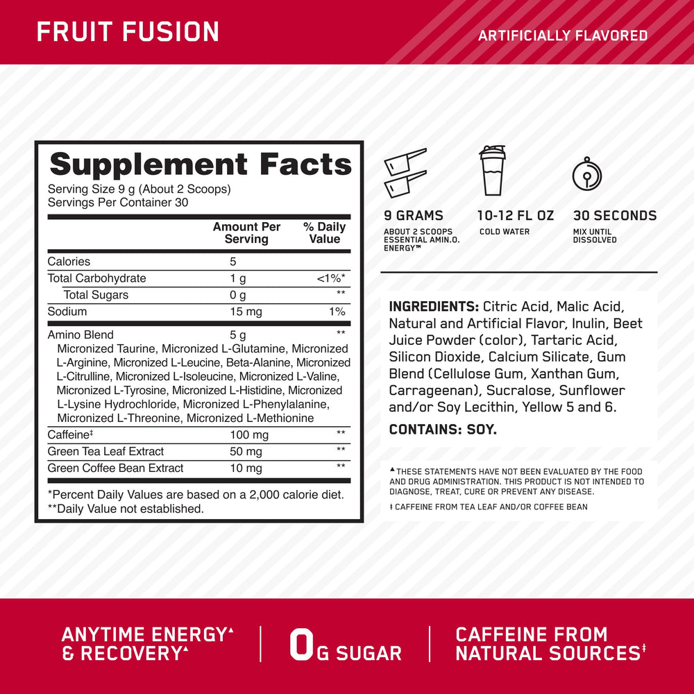 Amino Energy ingredient panel showing amino blend and caffeine sources