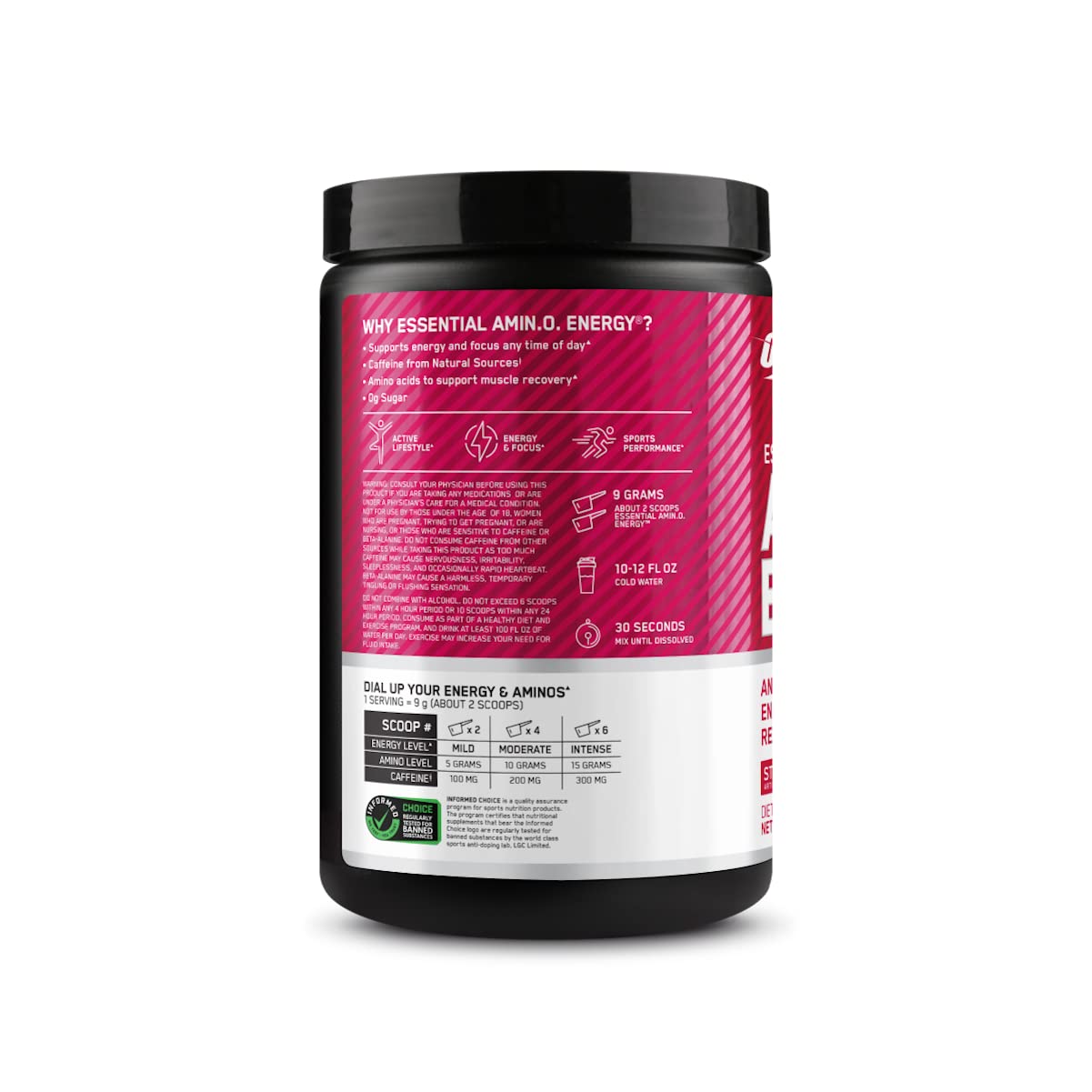 Optimum Nutrition Amino Energy ingredients graphic showing amino acids and caffeine
