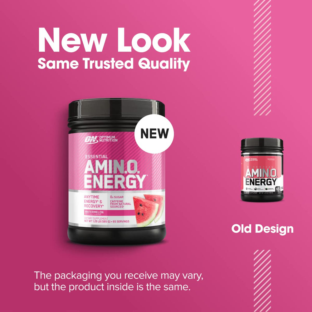 Optimum Nutrition Amino Energy ingredients panel underscores amino acids and caffeine sources.