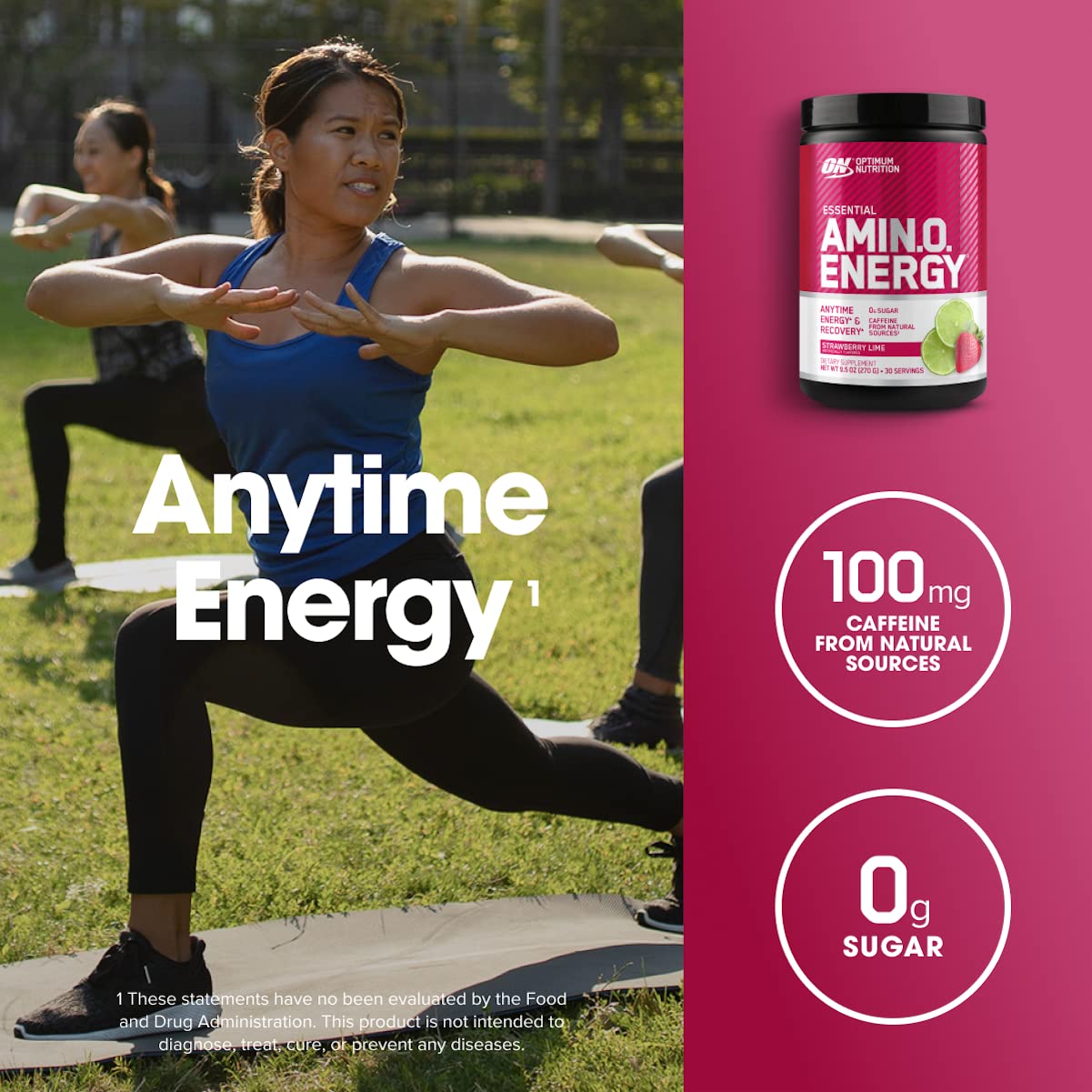 Optimum Nutrition Amino Energy label close-up highlighting caffeine and amino blend