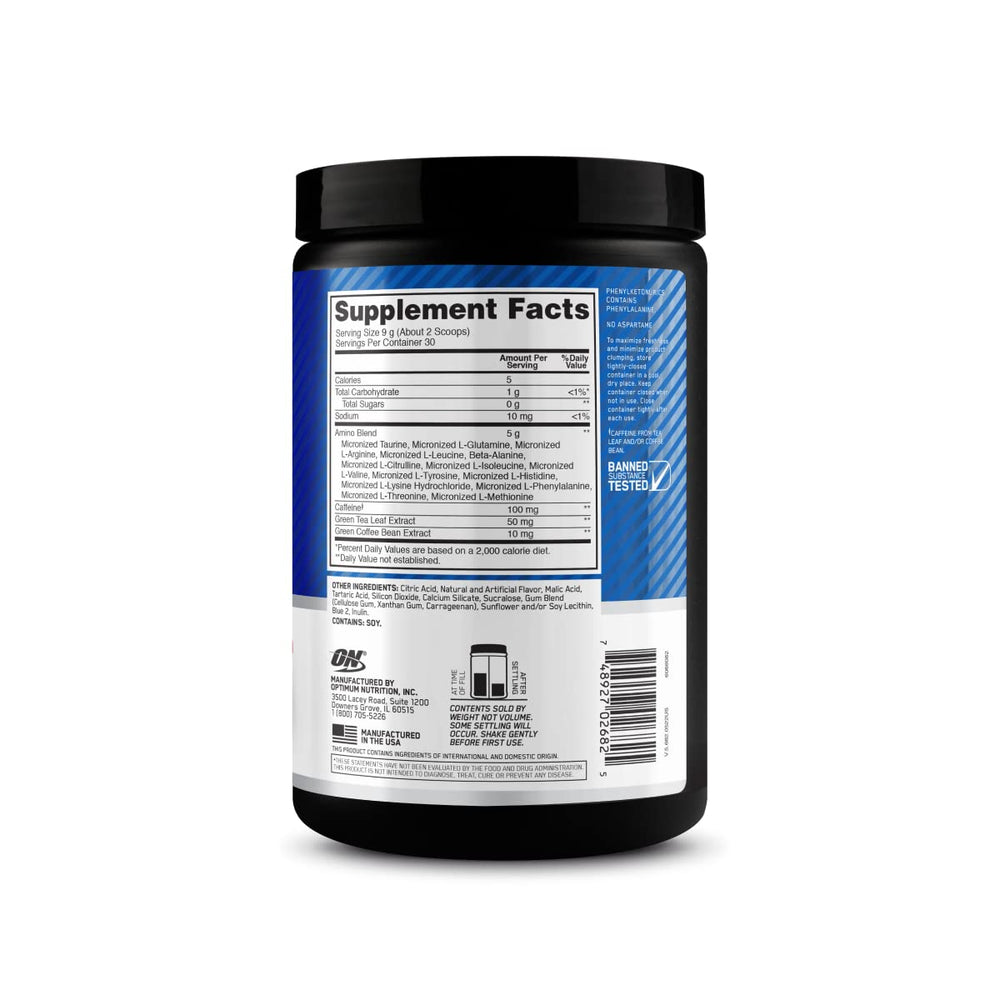 Optimum Nutrition Amino Energy label-closeup reveals ingredients and branding