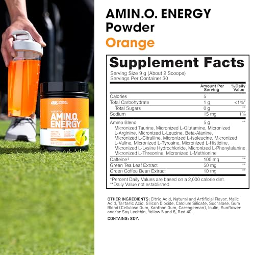 Optimum Nutrition Amino Energy orange cooler powder poured over ice for quick energy