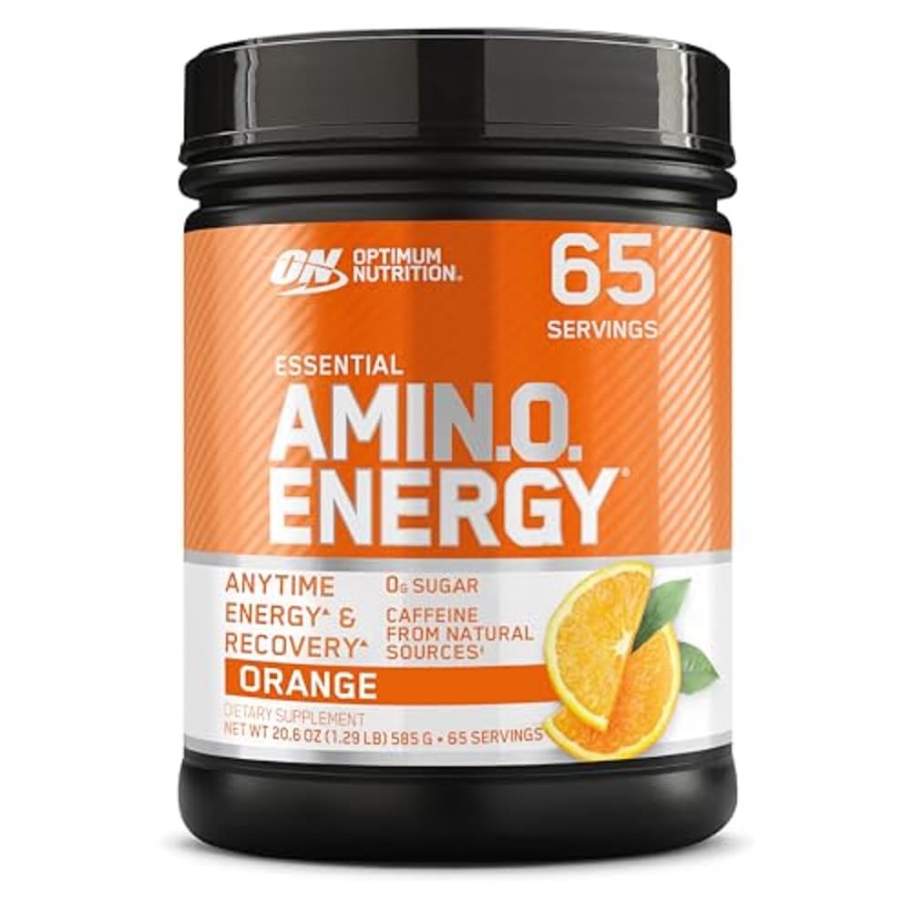 Optimum Nutrition Amino Energy Orange Cooler powder beside a shaker for an energy boost.