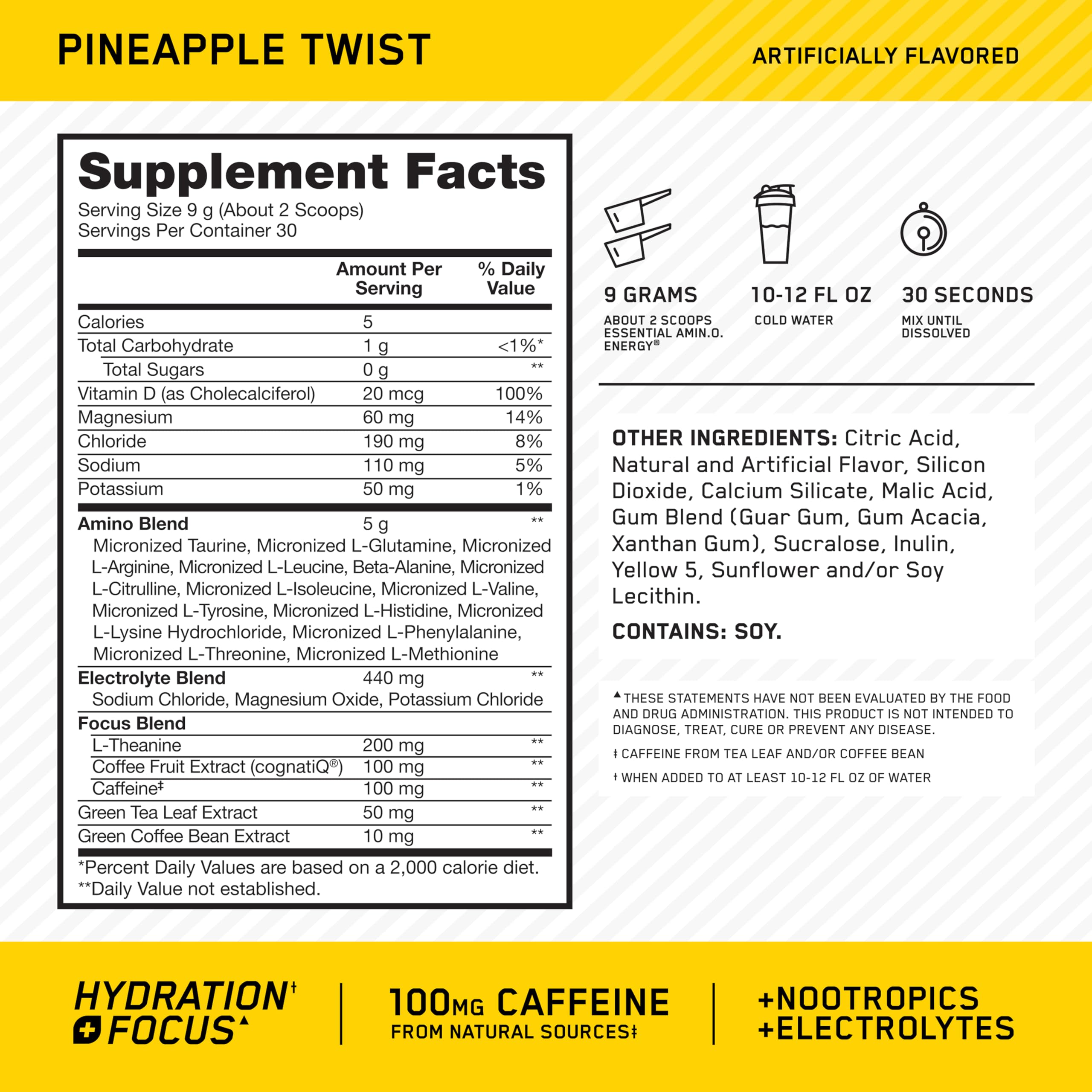 Optimum Nutrition Amino Energy Pineapple Twist powder jar on counter