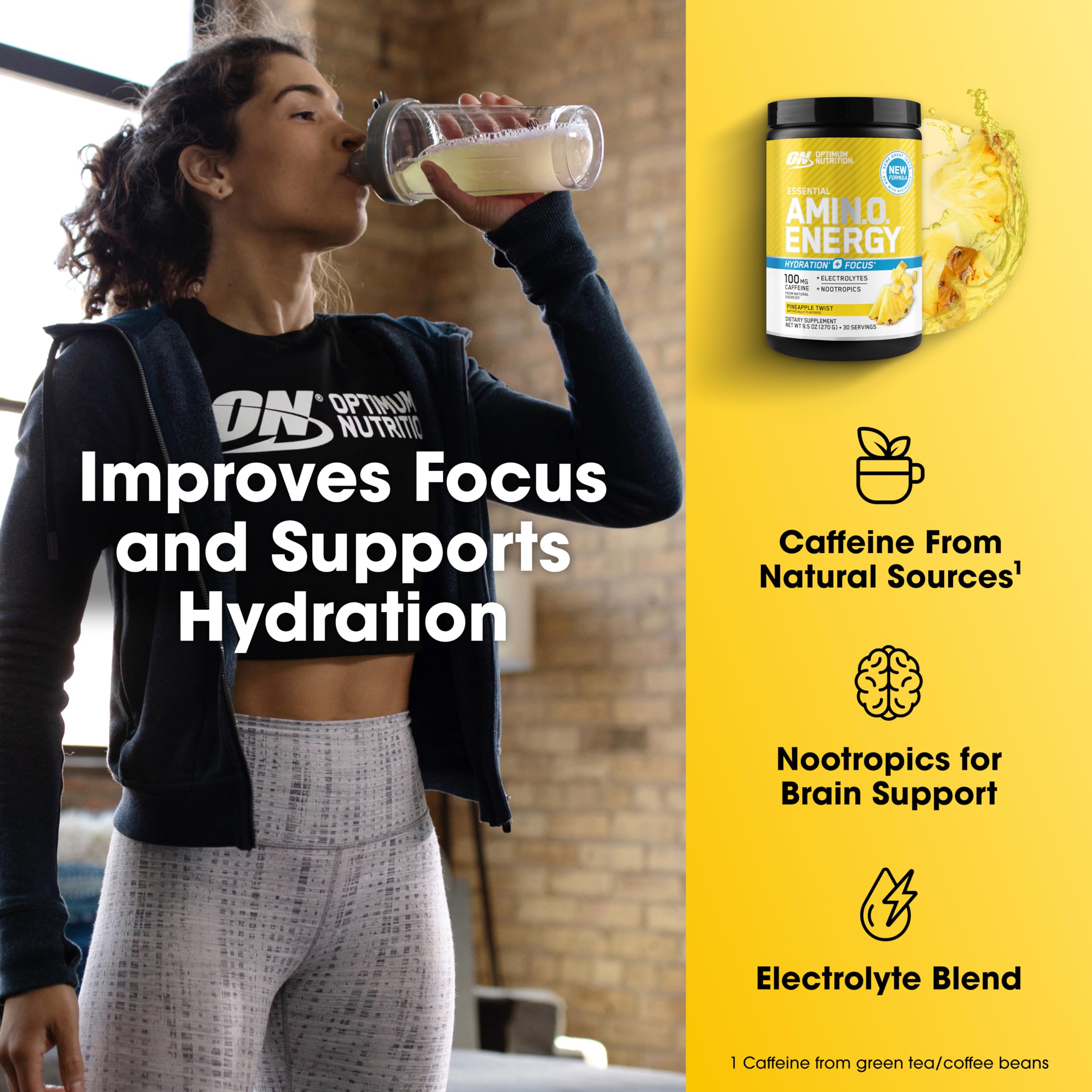 Optimum Nutrition Amino Energy Pineapple Twist shaker bottle ready for pre-workout