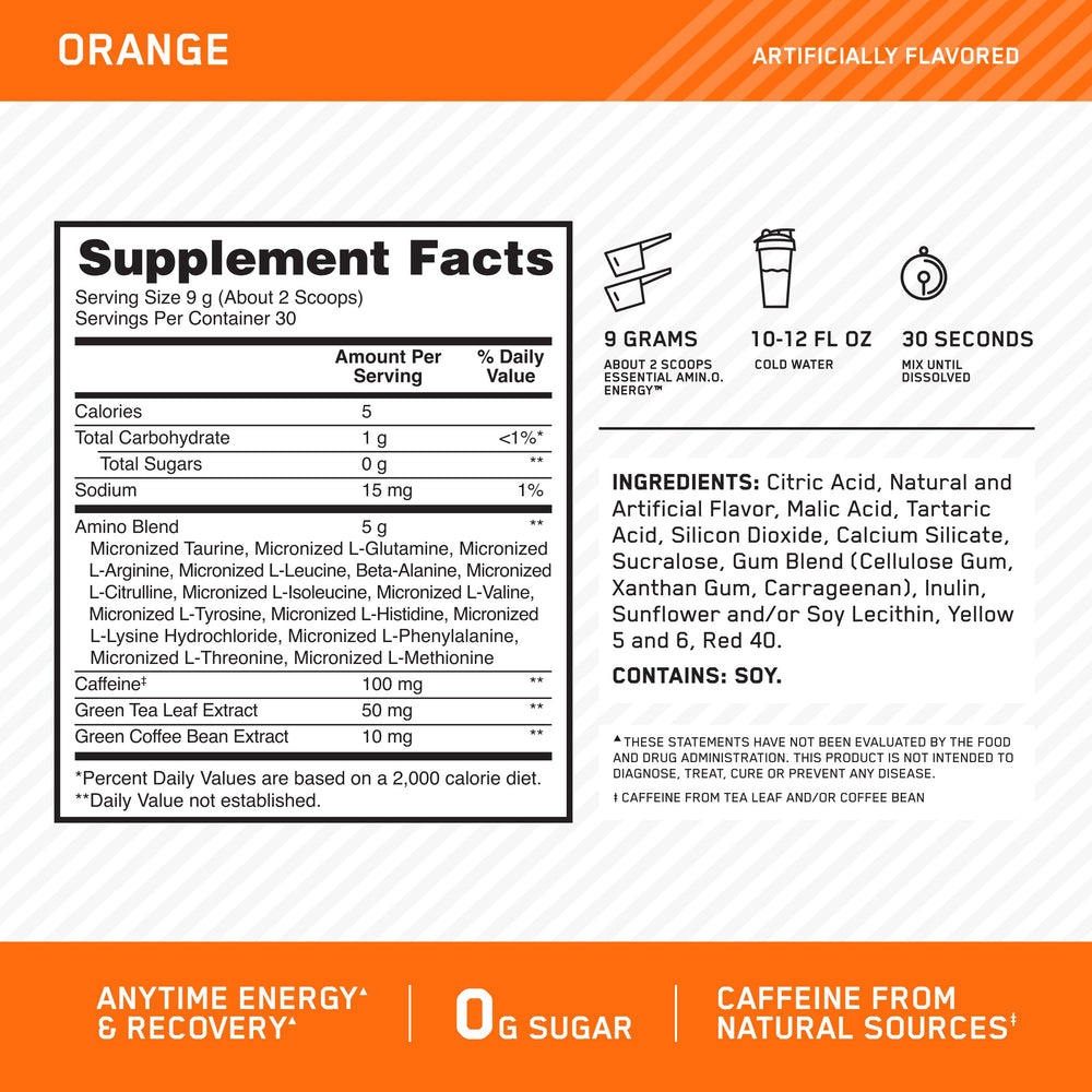 Optimum Nutrition Amino Energy shaker bottle ready to mix a refreshing orange cooler