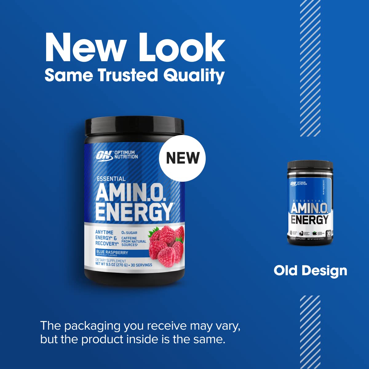 Optimum Nutrition Amino Energy tub-front highlights packaging and flavor options