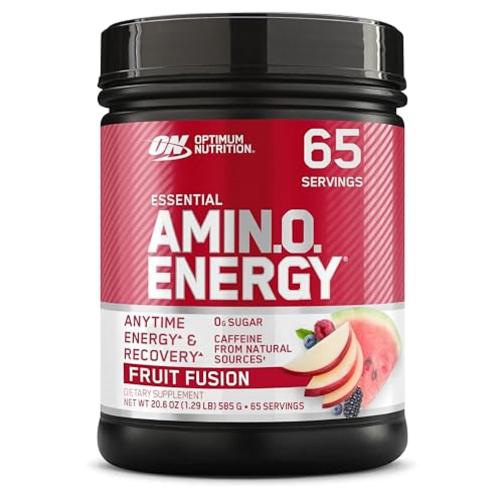 Optimum Nutrition Amino Energy tub label showing ingredients and flavor options for informed choice