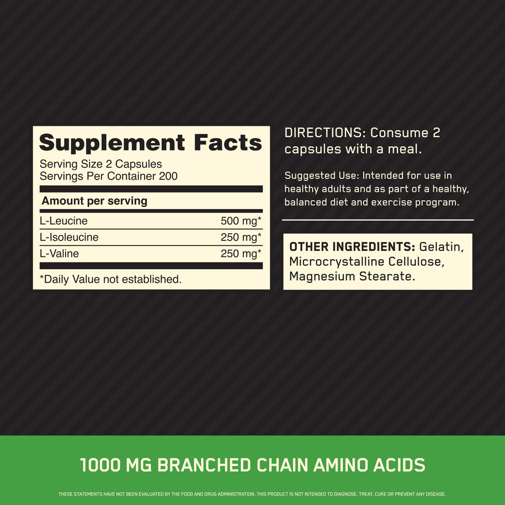 Close-up of Optimum Nutrition BCAA 1000 label showing 2:1:1 ratio