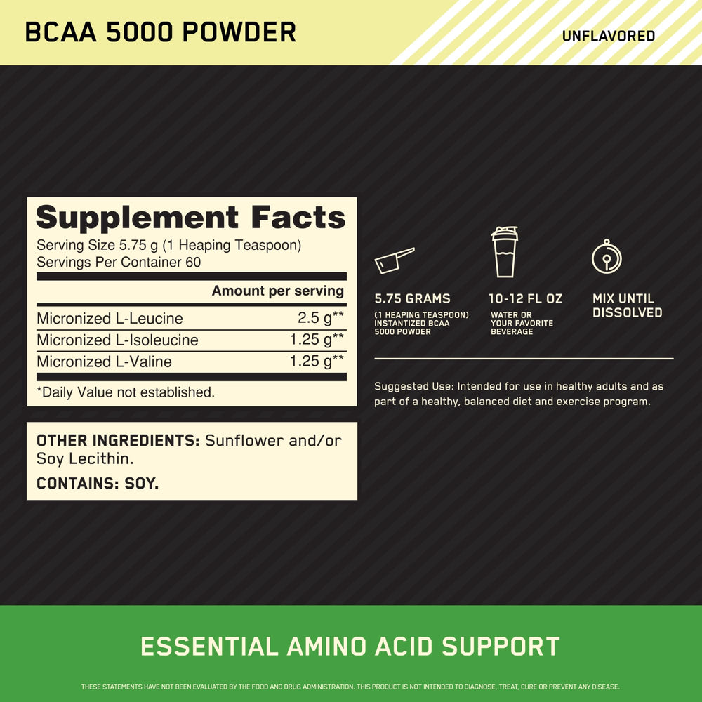 Optimum Nutrition BCAA 5000 bottle with label showing product details.