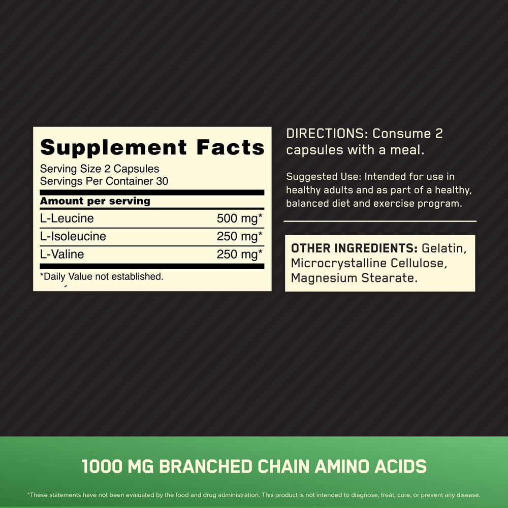 Close-up of Optimum Nutrition BCAA label showing the 2:1:1 ratio.