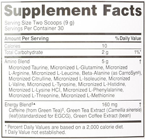Optimum Nutrition Essential Amino Energy Concord Grape label closeup communicates flavor and brand