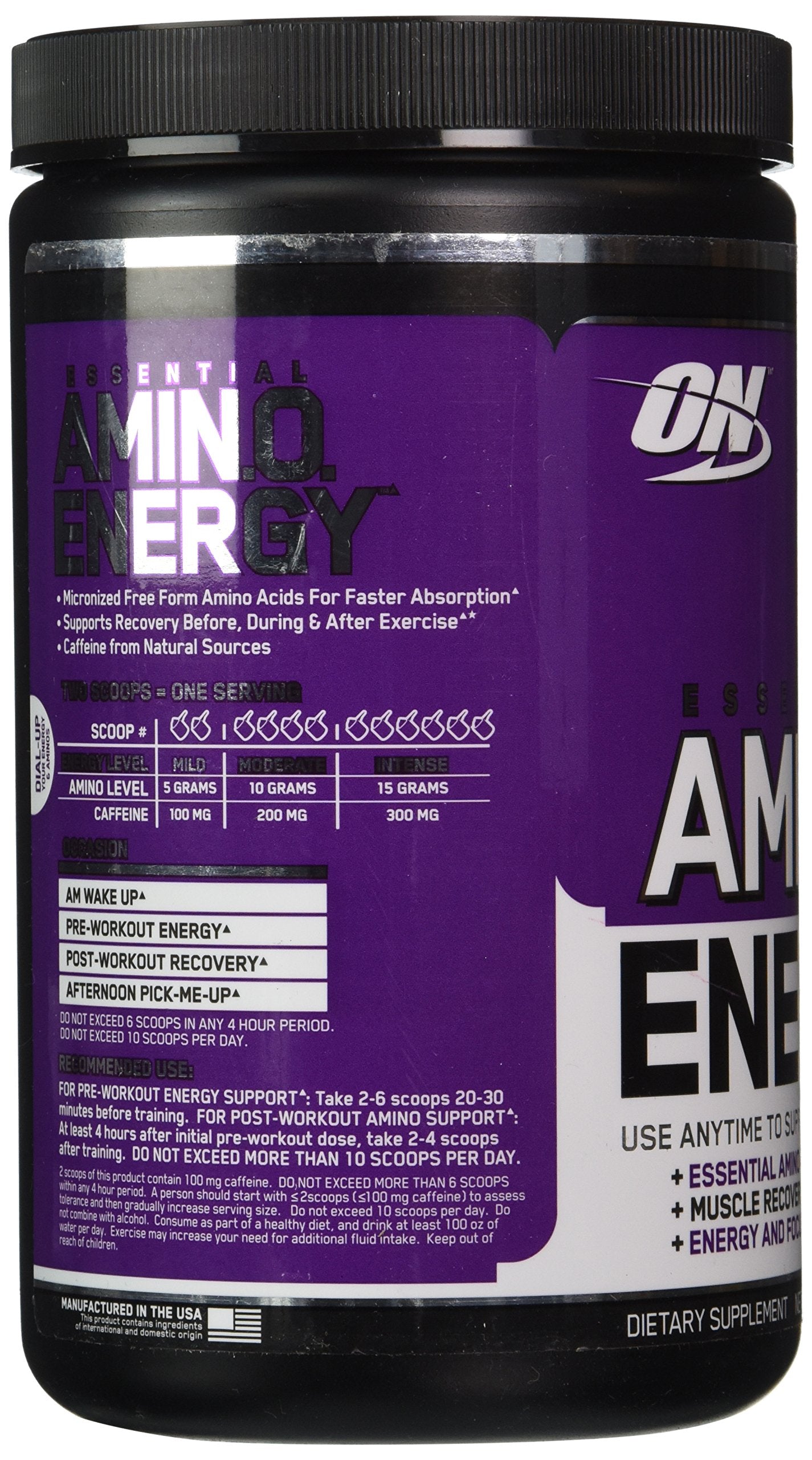 Optimum Nutrition Essential Amino Energy Concord Grape scoop in tub enables quick pre-workout mix