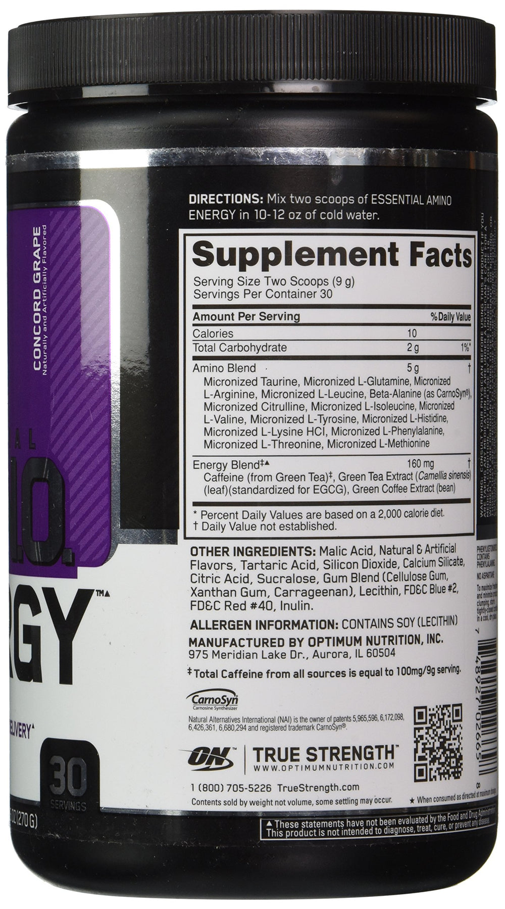 Optimum Nutrition Essential Amino Energy Concord Grape tub back lists serving details for workouts