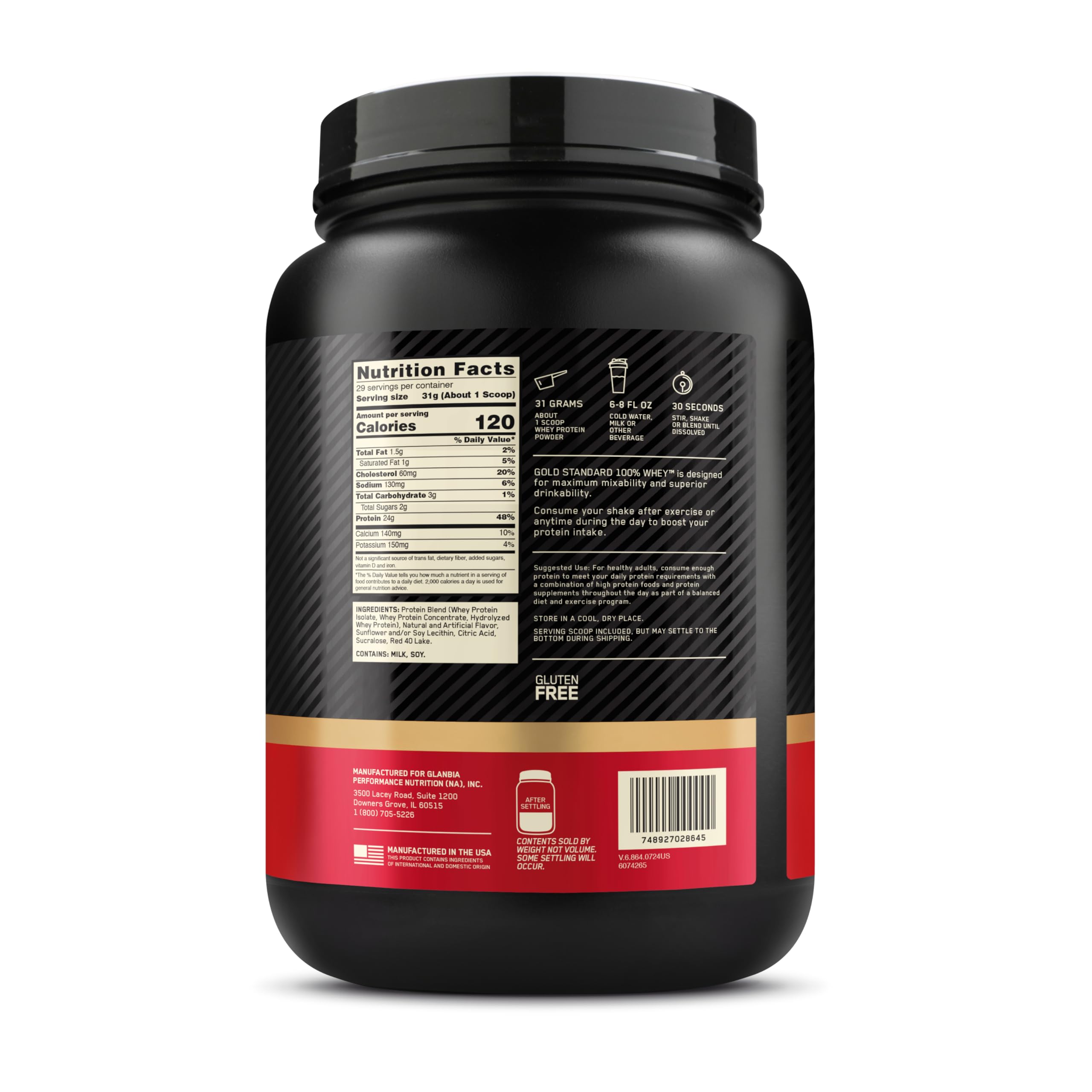 Optimum Nutrition Gold Standard 100% Whey tub with measurement scoop in hand.