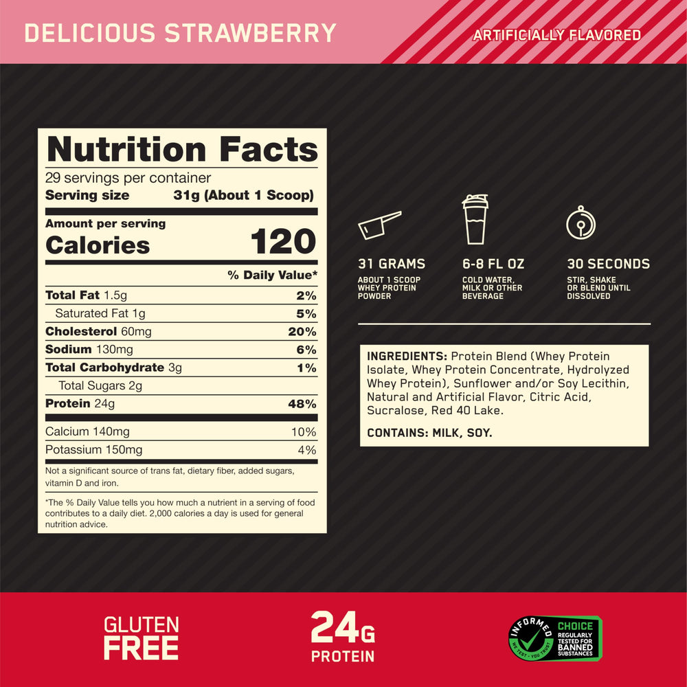 Optimum Nutrition Gold Standard 100% Whey shaker with strawberry protein ready for a quick shake.