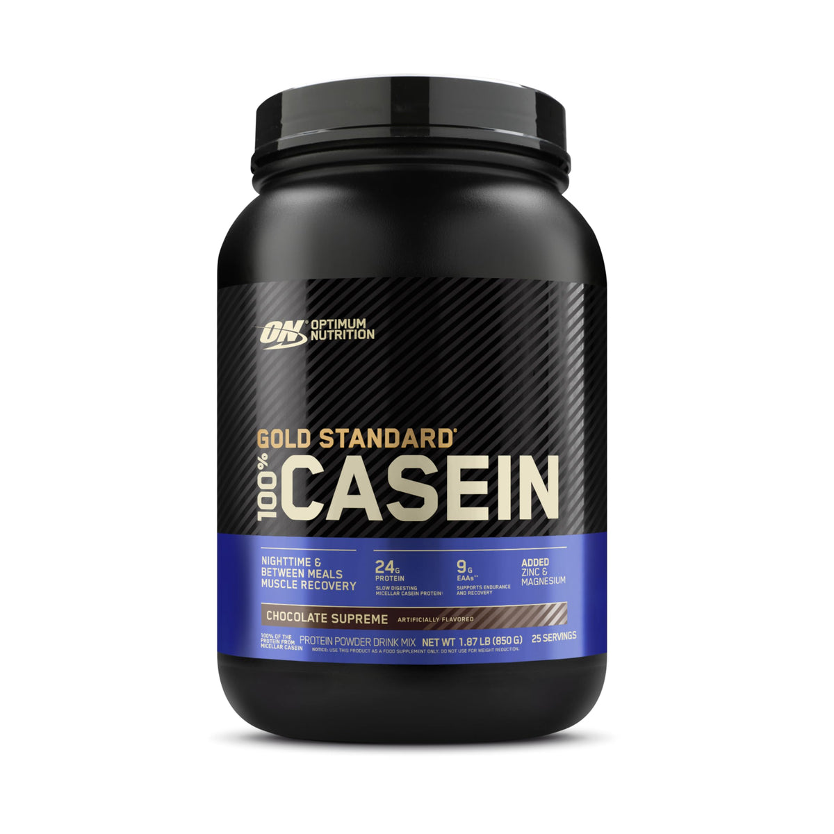Optimum Nutrition Gold Standard Micellar Casein Chocolate Supreme container for overnight recovery support.