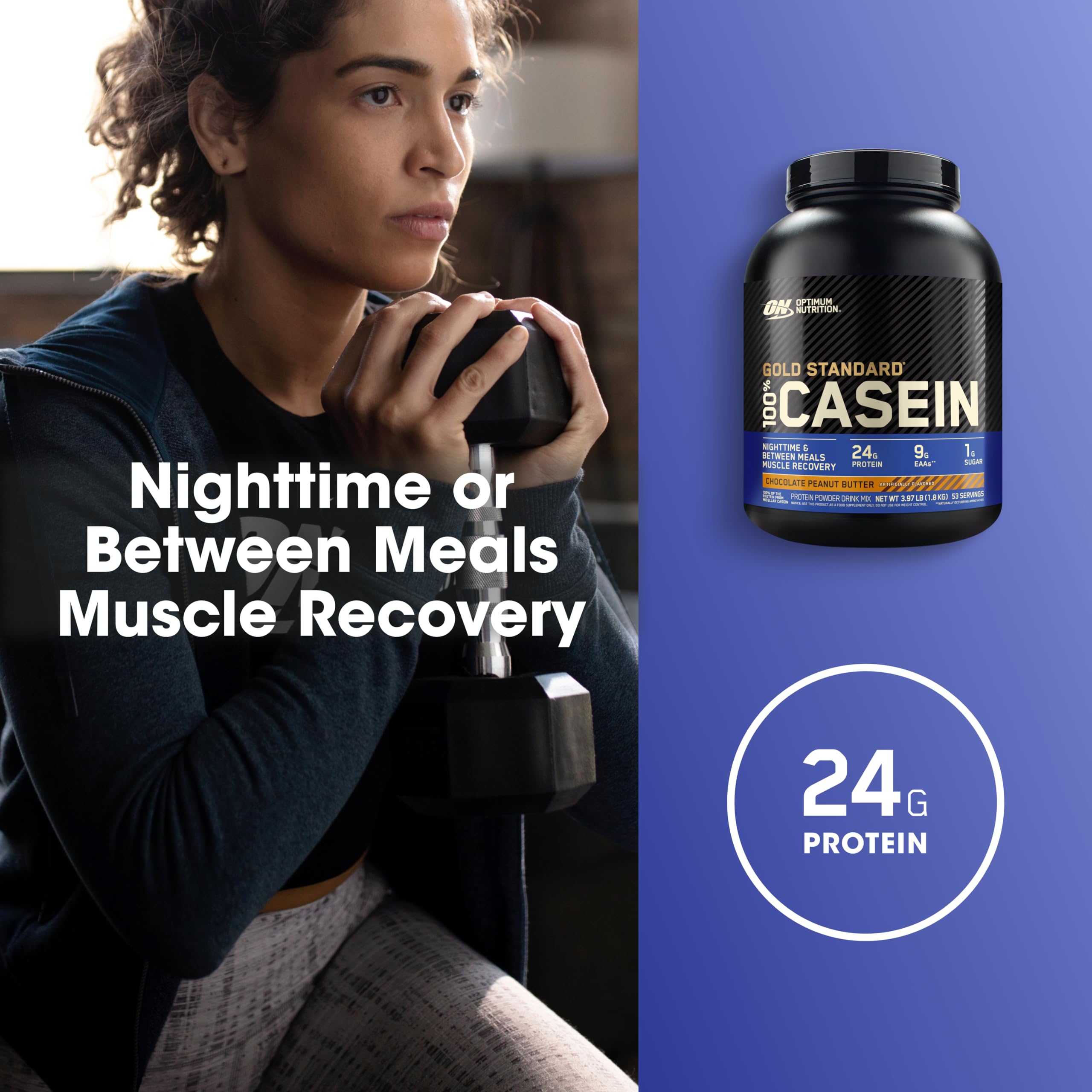 3.86 lb Gold Standard Casein container with 53 servings on label